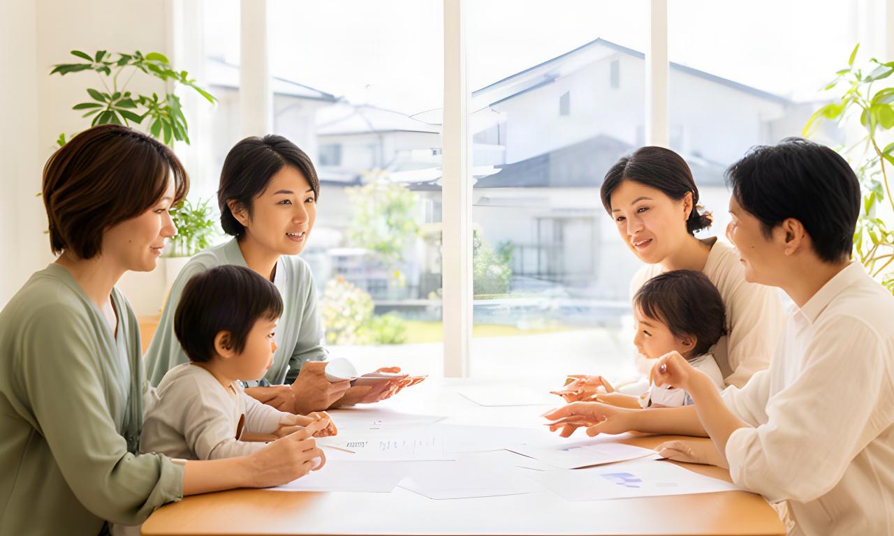 つくば市の明るい住宅街を背景に家計相談の資料を囲む家族の様子