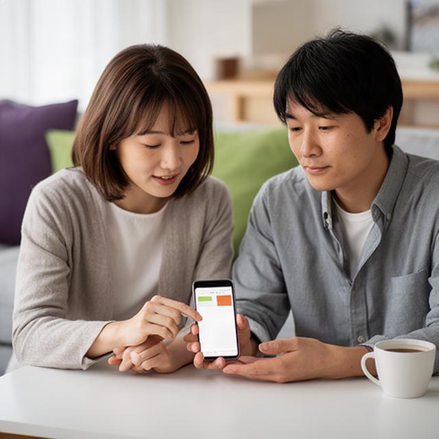 リビングのテーブルでスマートフォンの予算画面を確認する共働きの夫婦