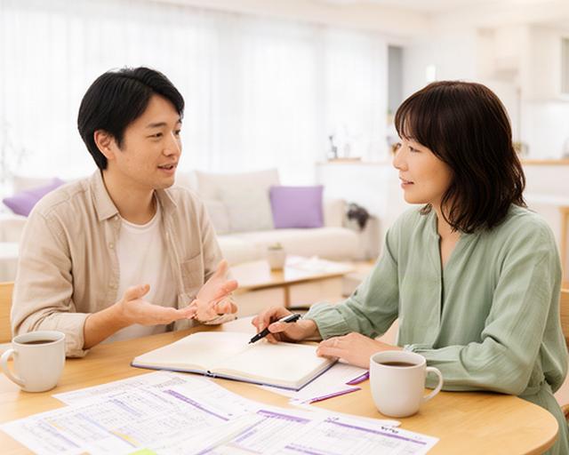 つくば市の明るいリビングで家計簿を見ながら相談する共働き夫婦